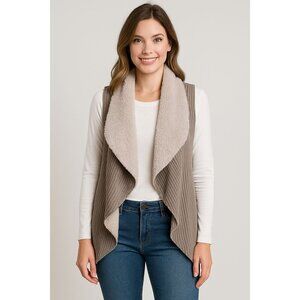 Favlux Sherpa Vest Women's Small Gray Taupe Textured Fleece Waterfall Faux Fur